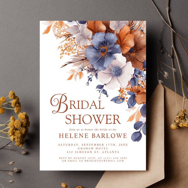 Invitación Elegante acuarela Dusty Blue Rust Bridal Shower (Elegant Watercolor Dusty Blue Rust Bridal Shower Invitation)