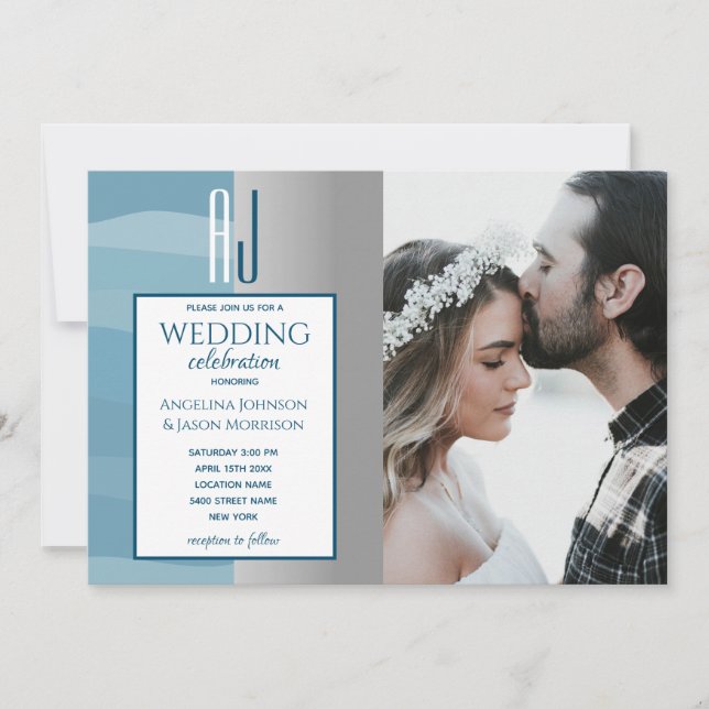 Invitación Elegante acuarela Dusty Blue Silver Boda Foto (Anverso)