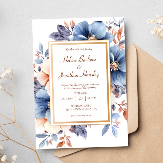 Invitación Elegante acuarela Dusty Blue Terracotta Boda (Elegant Watercolor Dusty Blue Terracotta Wedding Invitation)