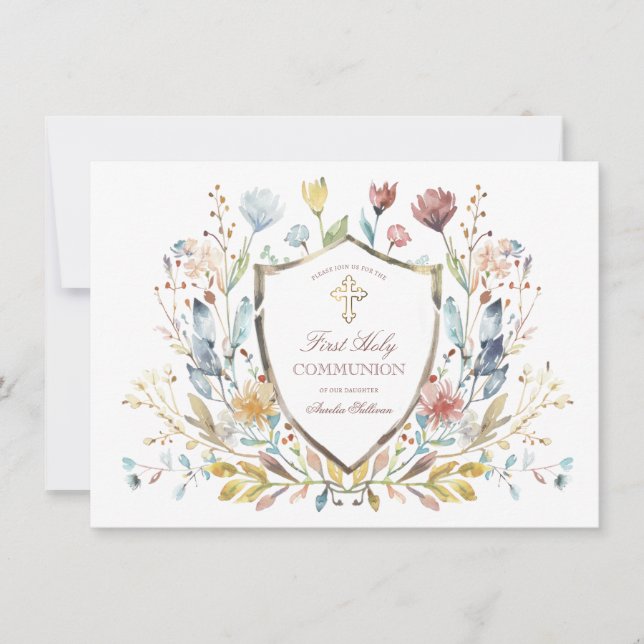 Invitación Elegante acuarela Escudo floral Primera comunión (Anverso)