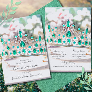 Invitación Elegante acuarela Esmeralda Tiara Quinceañera