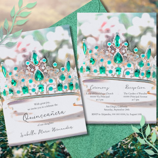 Invitación Elegante acuarela Esmeralda Tiara Quinceañera (Subido por el creador)