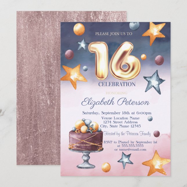 Invitación Elegante acuarela Estrellas Pastel Dulce 16 (Anverso / Reverso)