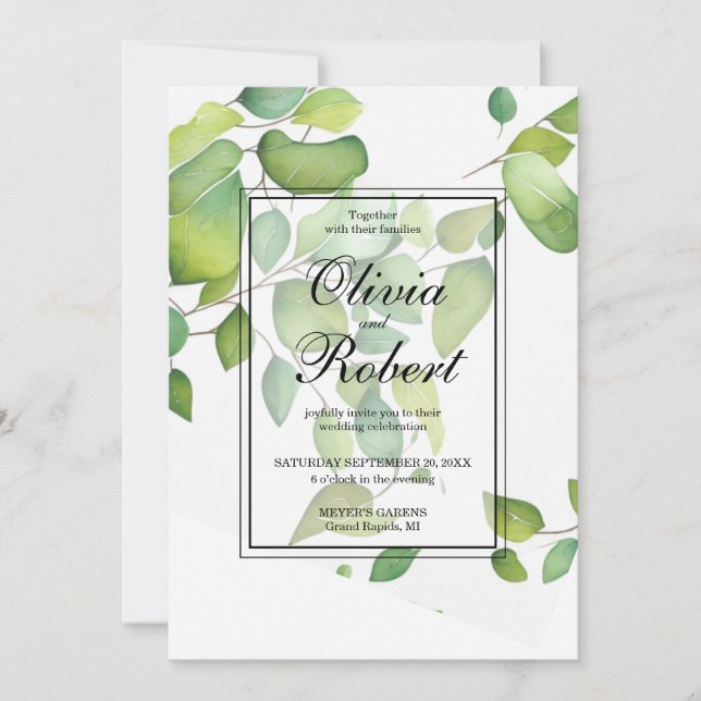 Invitación Elegante acuarela eucalipto boda de vegetación (Anverso)