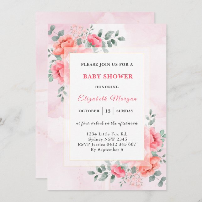 Invitación Elegante acuarela eucalipto flor ducha bebé (Anverso / Reverso)