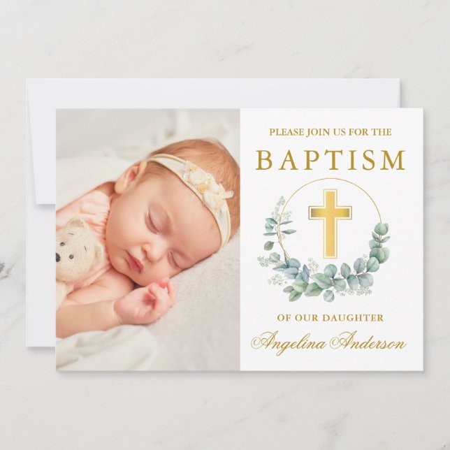 Invitación Elegante acuarela Eucalyptus Baptism Gold Photo (Anverso)
