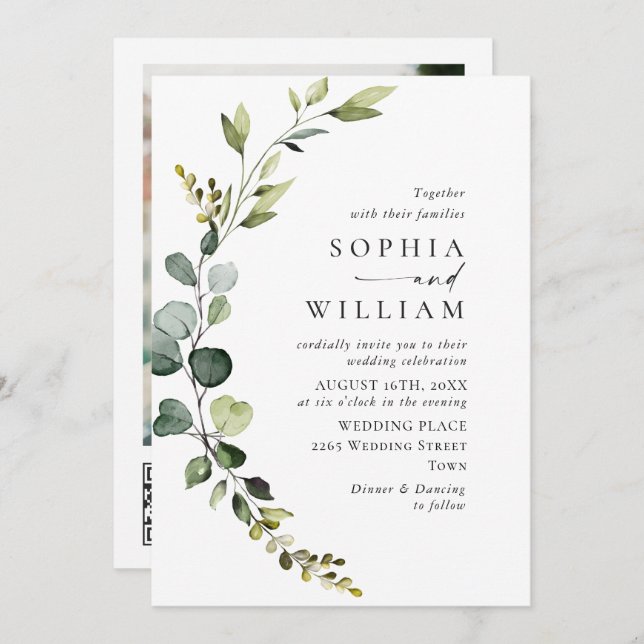 Invitación Elegante acuarela Eucalyptus Boda código QR (Anverso / Reverso)