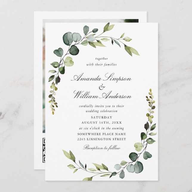 Invitación Elegante acuarela Eucalyptus Boda código QR (Anverso / Reverso)