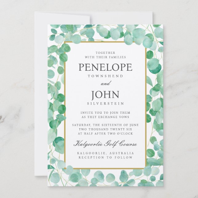 Invitación Elegante acuarela Eucalyptus Boda de destino (Anverso)
