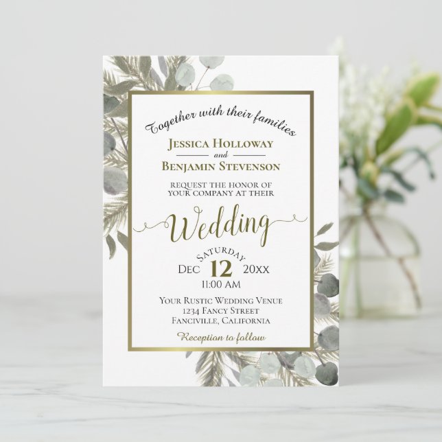 Invitación Elegante acuarela Eucalyptus Boda del Pino Dorado (Anverso de pie)