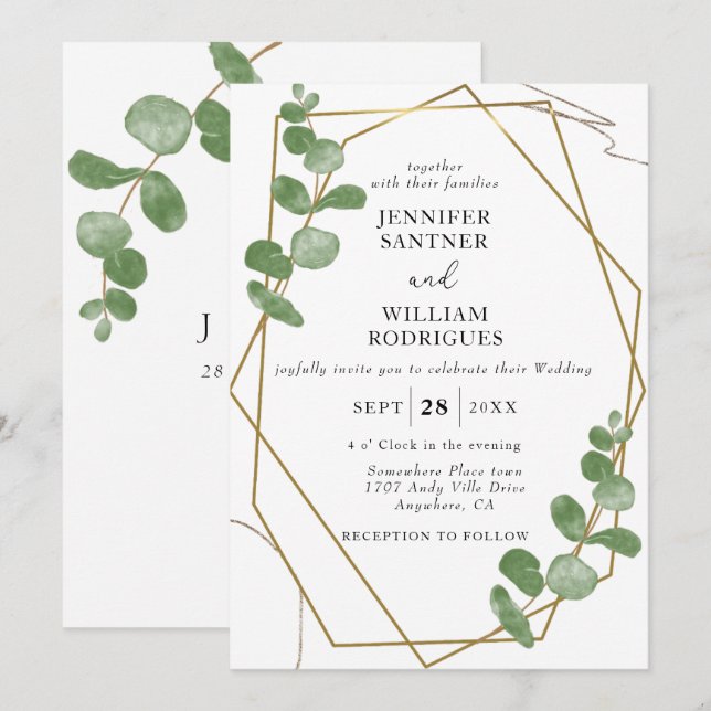 Invitación Elegante acuarela Eucalyptus Boda Floral (Anverso / Reverso)