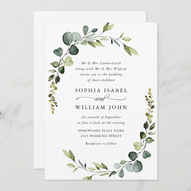 Invitación Elegante acuarela Eucalyptus Bodas Detalles (Anverso / Reverso)