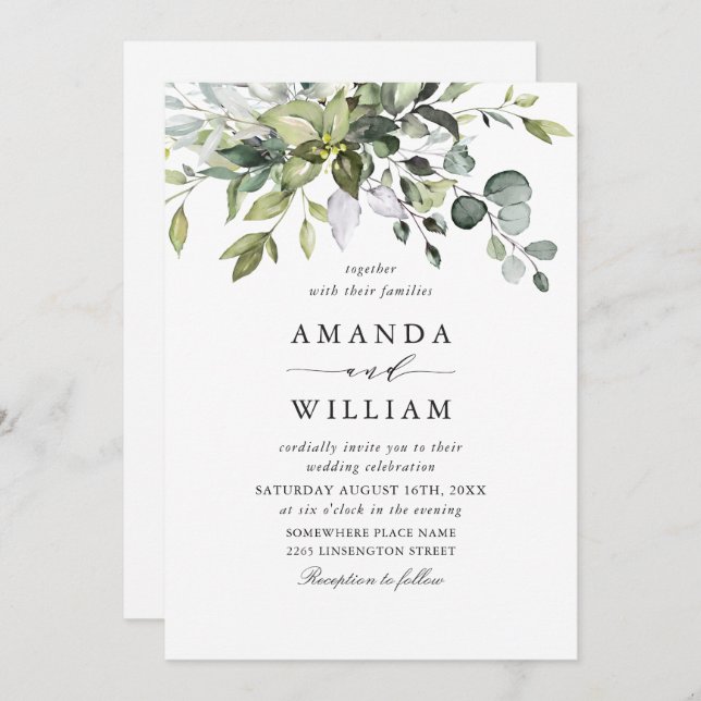 Invitación Elegante acuarela Eucalyptus Bohemian Boda (Anverso / Reverso)