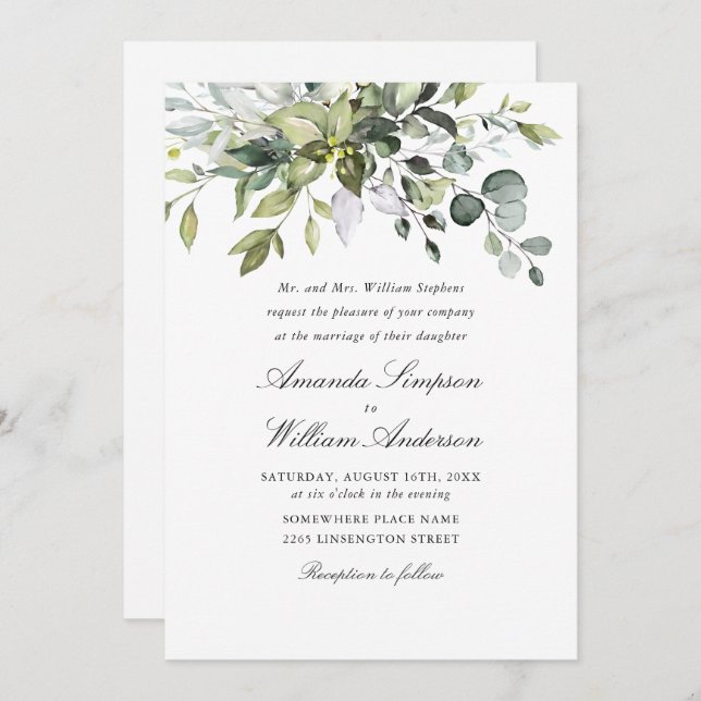 Invitación Elegante acuarela Eucalyptus Bohemian Boda (Anverso / Reverso)