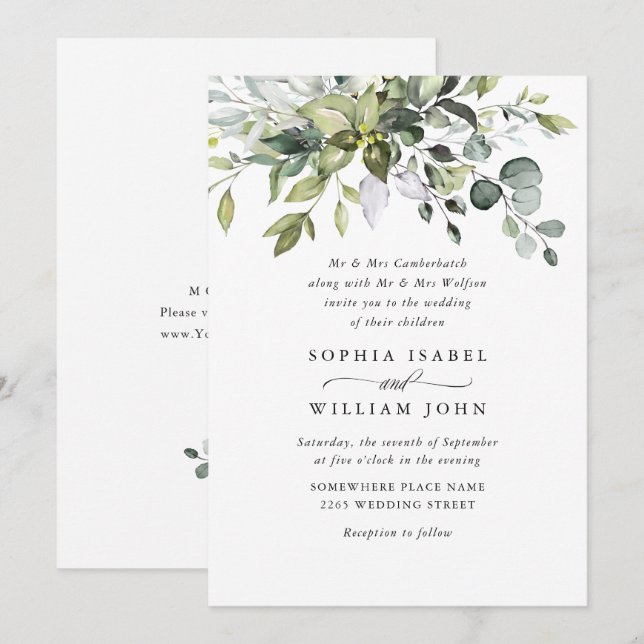 Invitación Elegante acuarela Eucalyptus Bohemian Boda (Anverso / Reverso)