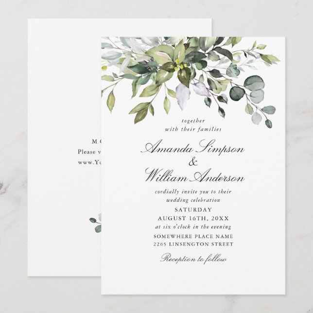 Invitación Elegante acuarela Eucalyptus Bohemian Boda (Anverso / Reverso)