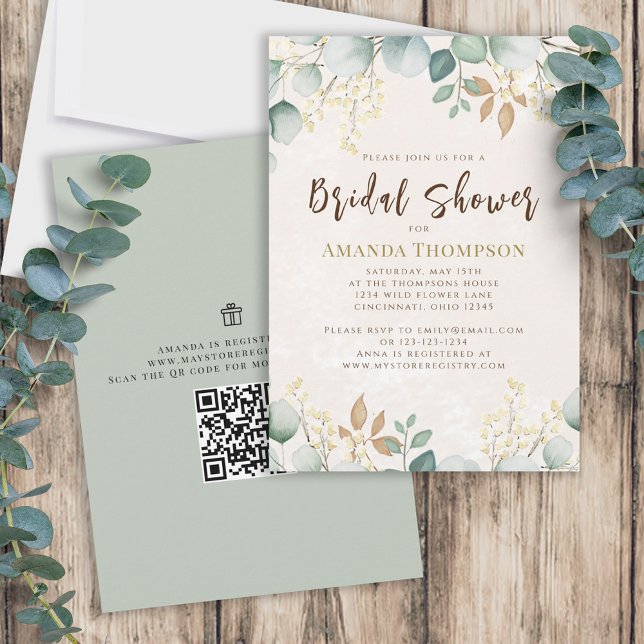 Invitación Elegante acuarela Eucalyptus Foliage QR Código (Subido por el creador)
