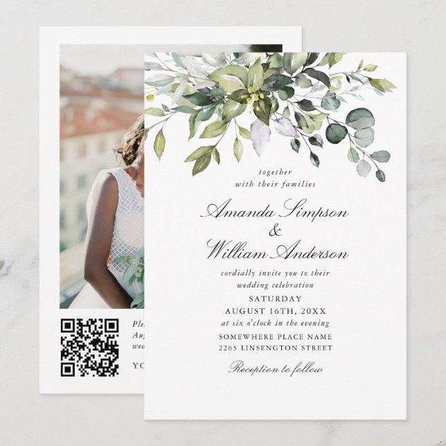 Invitación Elegante acuarela Eucalyptus Foto Boda QR (Anverso / Reverso)