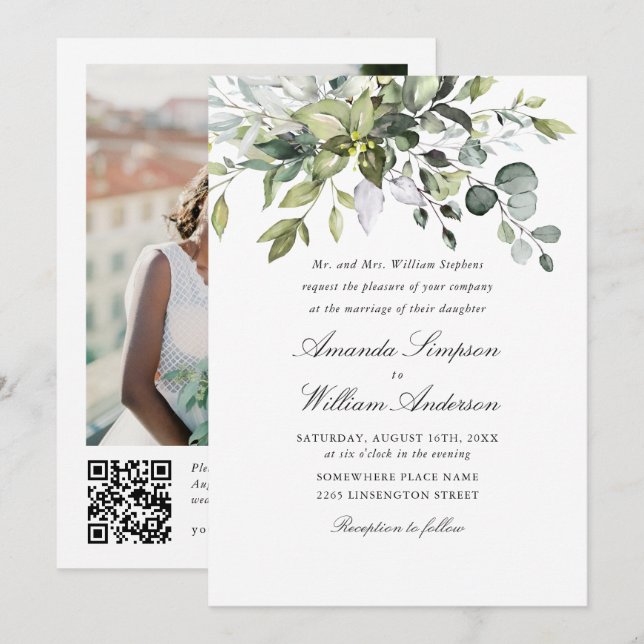 Invitación Elegante acuarela Eucalyptus Foto Boda QR (Anverso / Reverso)