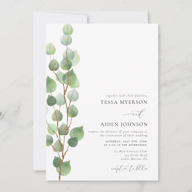 Invitación Elegante acuarela Eucalyptus Greenery Boda (Anverso)
