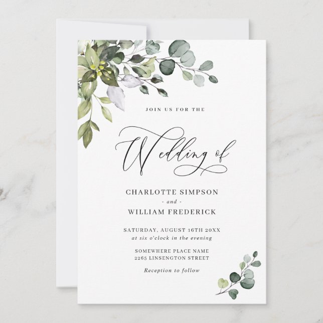 Invitación Elegante acuarela Eucalyptus Greenery Boda (Anverso)