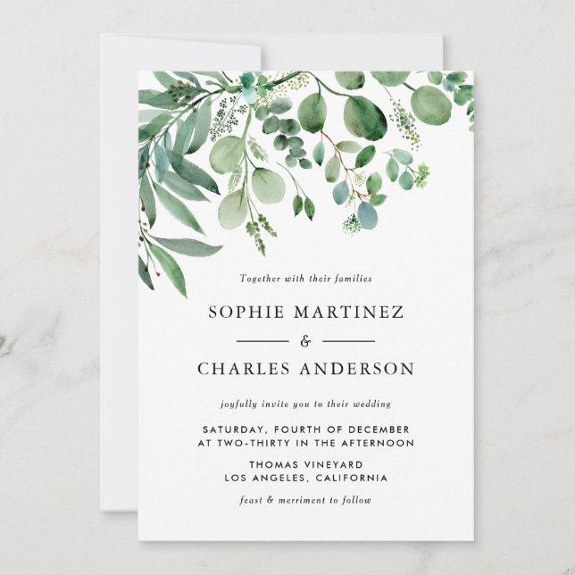 Invitación Elegante acuarela Eucalyptus Greenery Boda (Anverso)