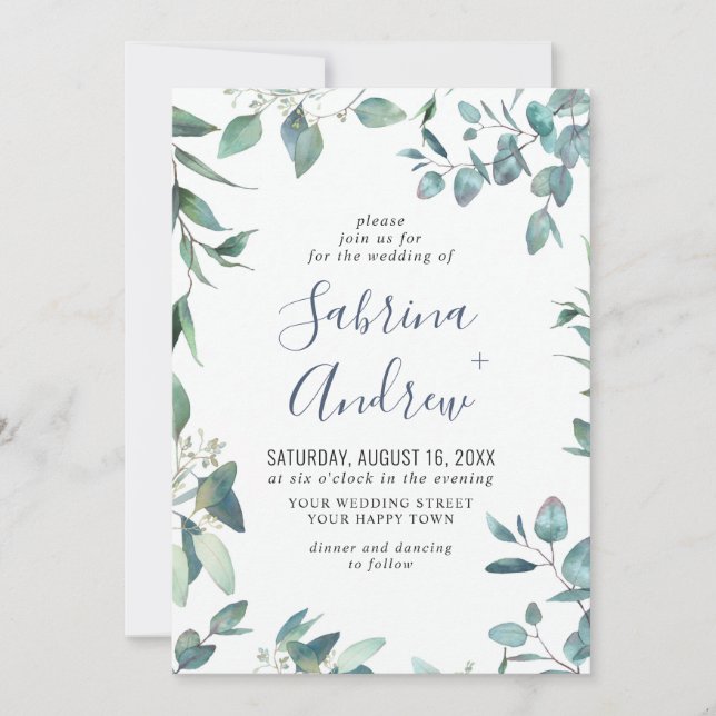 Invitación Elegante acuarela Eucalyptus Greenery Boda (Anverso)