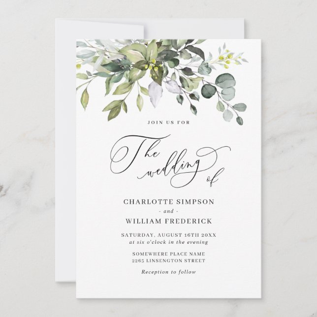Invitación Elegante acuarela Eucalyptus Greenery Boda (Anverso)