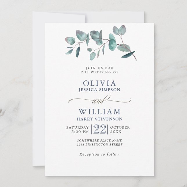 Invitación Elegante acuarela Eucalyptus Greenery Boda (Anverso)