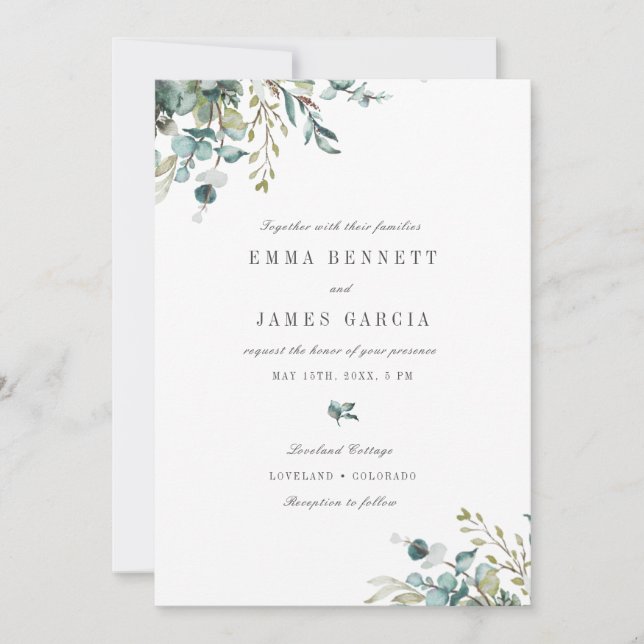 Invitación Elegante acuarela Eucalyptus Greenery Boda (Anverso)