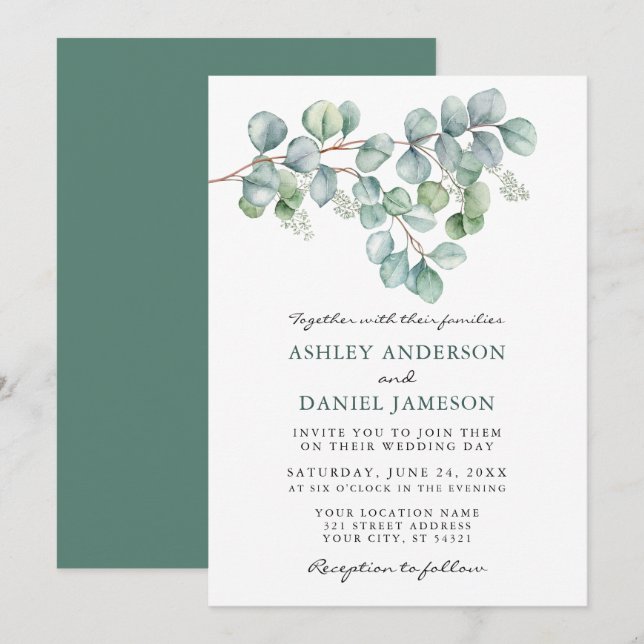 Invitación Elegante acuarela Eucalyptus Greenery Boda (Anverso / Reverso)