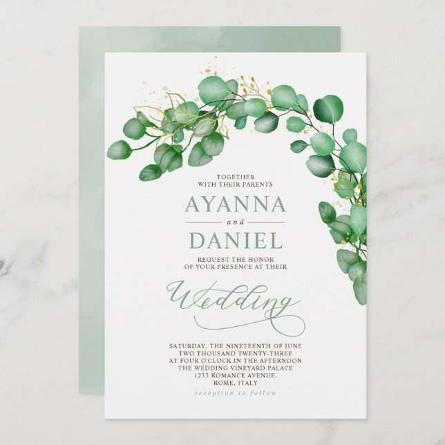 Invitación Elegante acuarela Eucalyptus Greenery Boda (Anverso / Reverso)