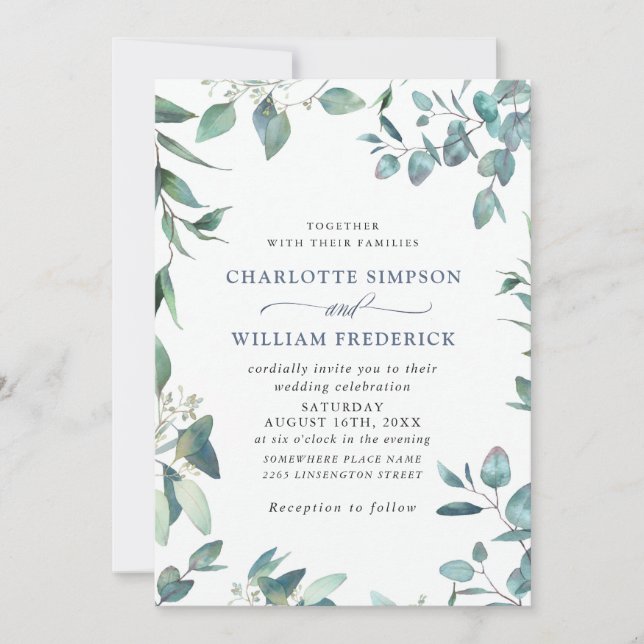 Invitación Elegante acuarela Eucalyptus Greenery Boda (Anverso)