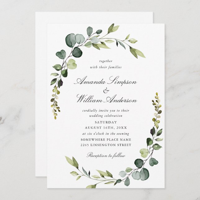 Invitación Elegante acuarela Eucalyptus Greenery Boda (Anverso / Reverso)