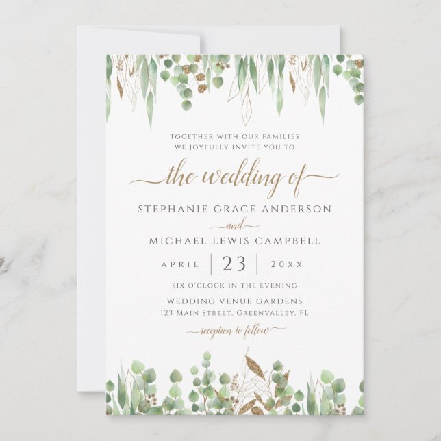 Invitación Elegante acuarela Eucalyptus Greenery Boda (Anverso)