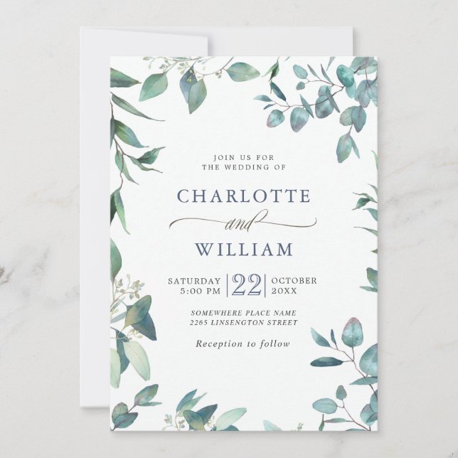 Invitación Elegante acuarela Eucalyptus Greenery Boda (Anverso)