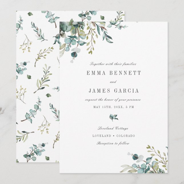 Invitación Elegante Acuarela Eucalyptus Greenery Boda Inv (Anverso / Reverso)