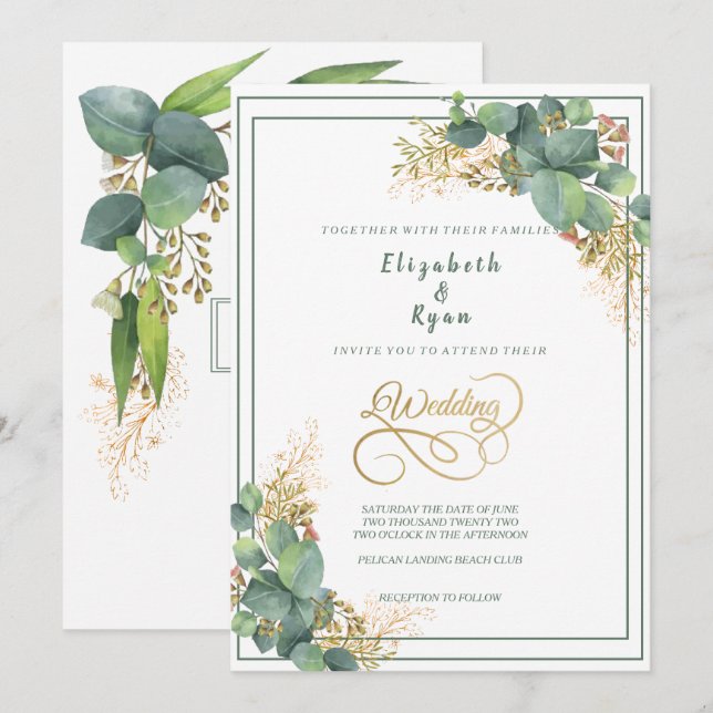 Invitación Elegante acuarela Eucalyptus Planta Oro Filigree (Anverso / Reverso)