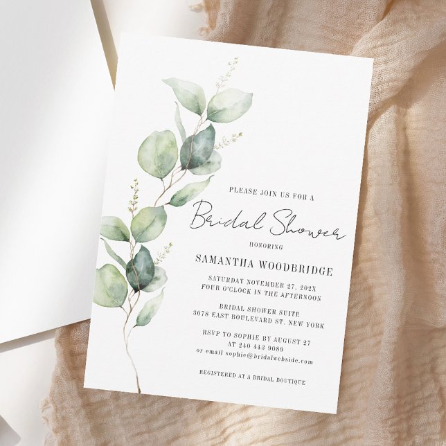 Invitación Elegante acuarela Eucalyptus Script Ducha nupcial (Elegant Watercolor Eucalyptus Script Bridal Shower Invitation)