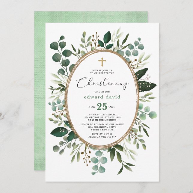 Invitación Elegante acuarela Eucalyptus Verdor Christening (Anverso / Reverso)