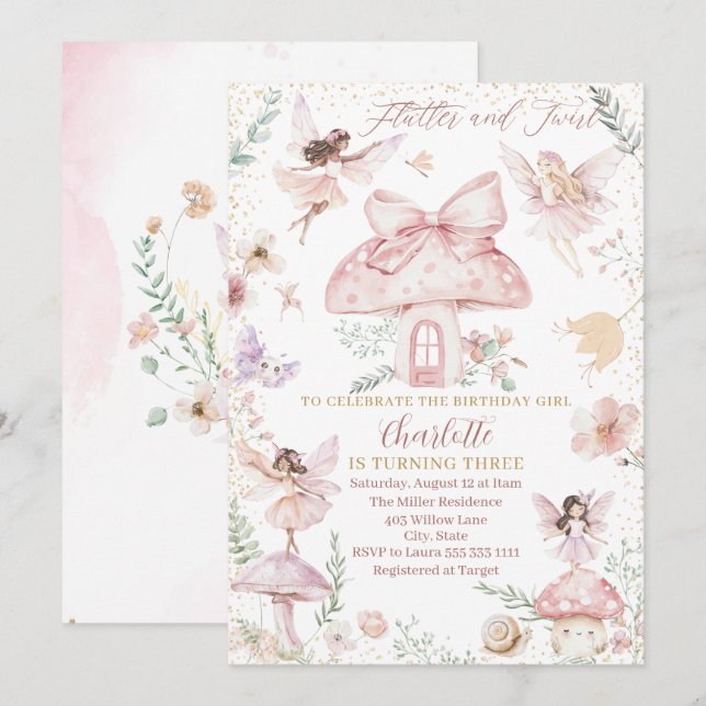 Invitación Elegante acuarela Fairy cumple tres cumpleaños (Anverso / Reverso)