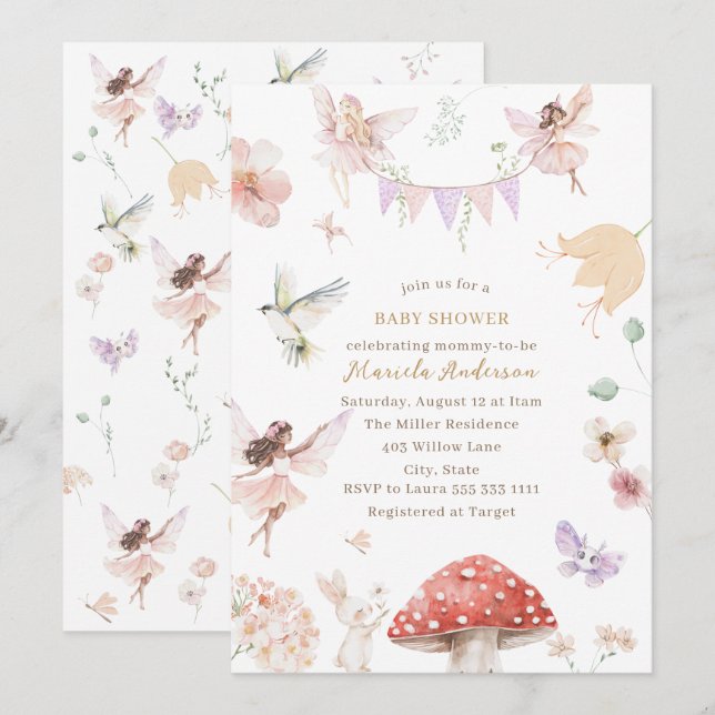 Invitación Elegante acuarela Fairy Wildflower Garden Baby (Anverso / Reverso)