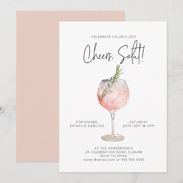 Invitación Elegante acuarela Fiesta de cócteles de vino Rosa  (Anverso / Reverso)