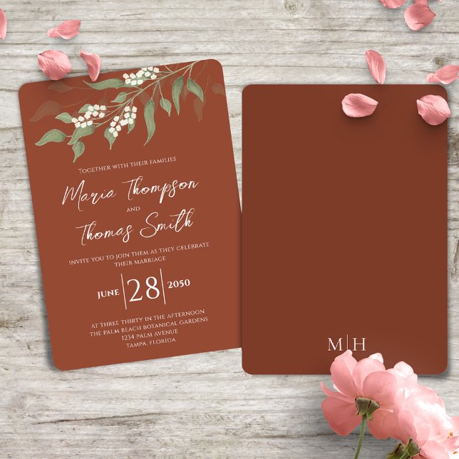 Invitación Elegante acuarela Flor de terracota blanca floral (Terracotta elegant wedding invitation with watercolor greenery and foliage. )