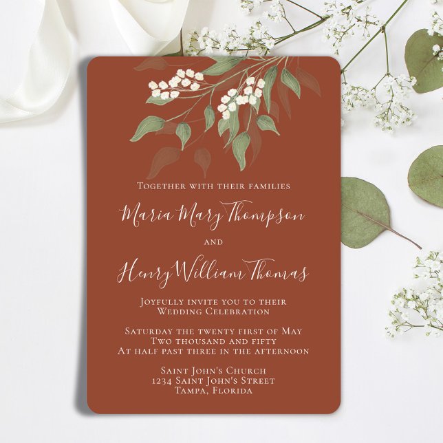 Invitación Elegante acuarela Flor de terracota blanca floral (Terracotta elegant wedding invitation with watercolor greenery and foliage. )