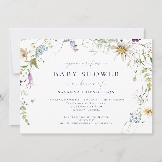 Invitación Elegante acuarela Flor silvestre Baby Shower (Anverso)
