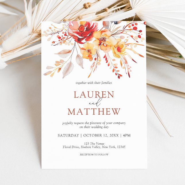 Invitación Elegante acuarela Flor silvestre Boda de otoño (Elegant rustic wildflowers in bright hues of rust orange, peach, terracotta & taupe for fall wedding)