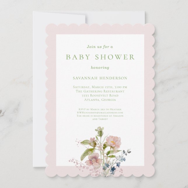 Invitación Elegante acuarela Flor silvestre rosa Baby Shower (Anverso)