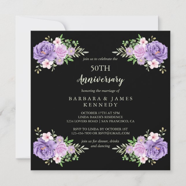Invitación Elegante acuarela Floral 50 aniversario Boda (Anverso)