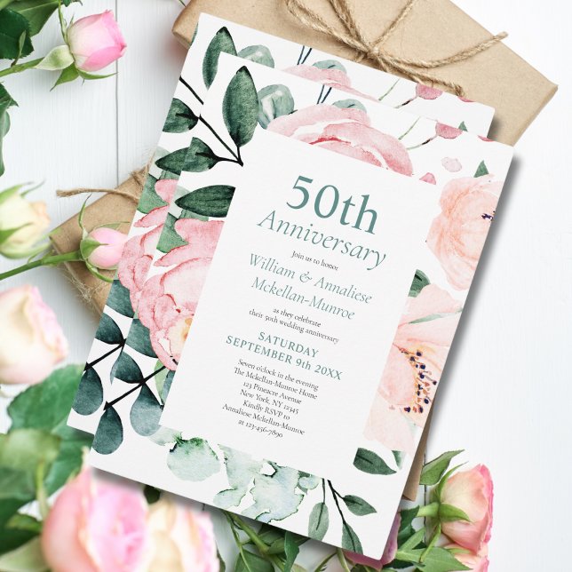 Invitación Elegante acuarela Floral 50 aniversario Boda (Subido por el creador)